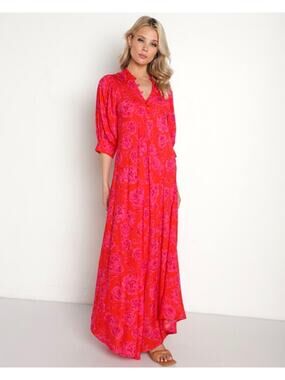 Jen's Pirate Booty Neon Electro Floral Saloon Maxi Dress 3/4 Sleeves Pink Medium
